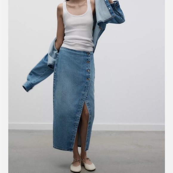 Zara XS Z1975 Denim Cross Over Button-Front Midi Skirt - Picture 6 of 6